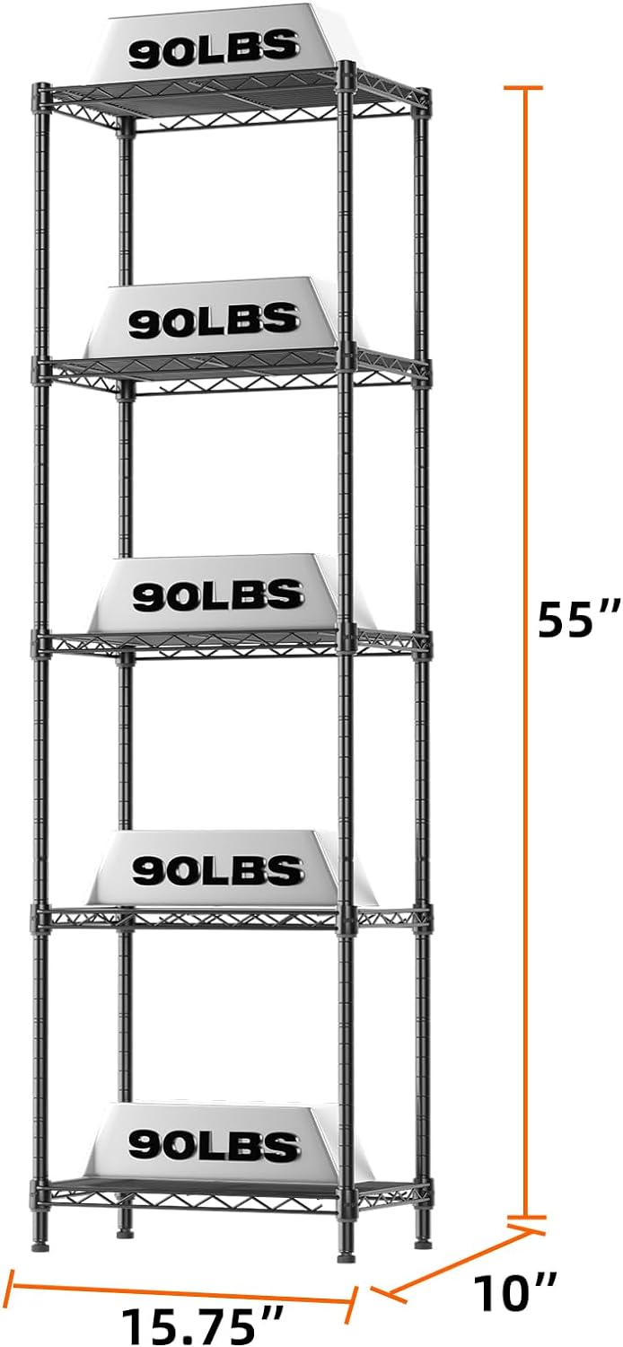 5 Tier Shelf Wire Shelving Adjustable Storage Shelves Storage Rack, Narrow Mesh Gaps,16”W x 10”D x 55”H, Black