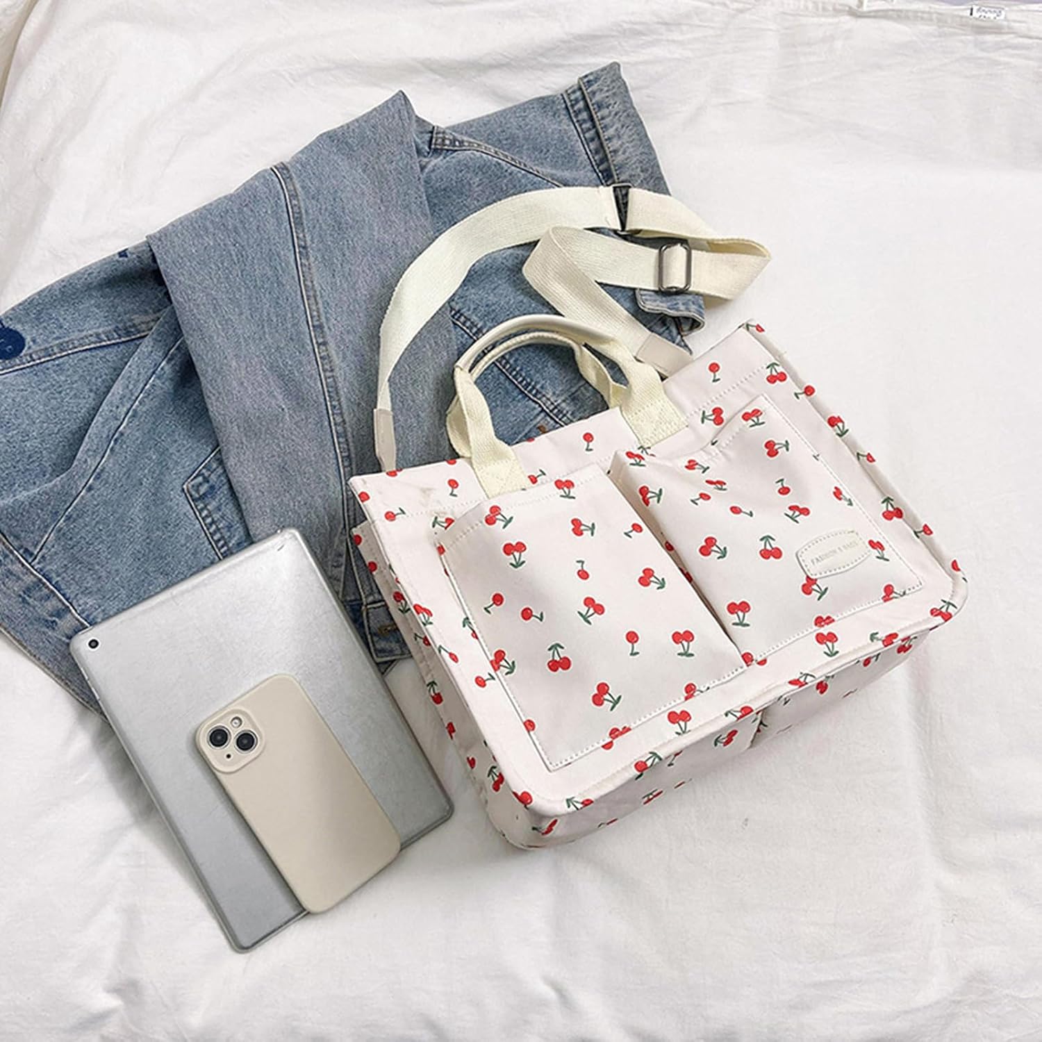 Cherry Tote Bag for Women Canvas Patched Purse Cute Shoulder Bag, Cherry White