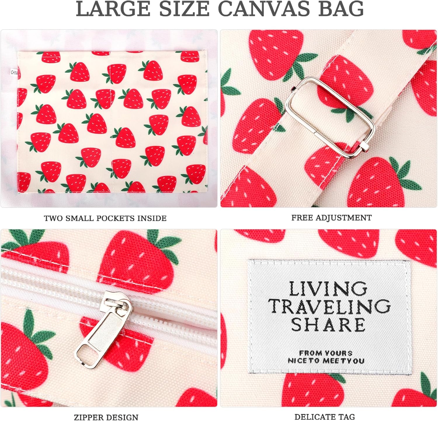 Canvas Tote Bag with External Pocket Design, Stylish Appearance, Adjustable Shoulder Strap, Strawberry Beige