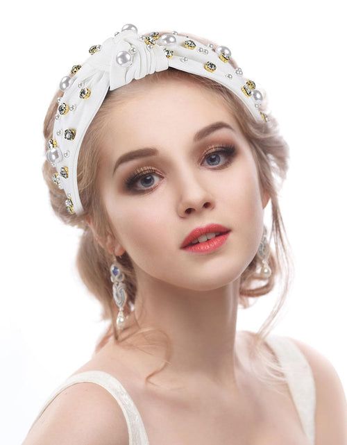 Load image into Gallery viewer, Pearl Knotted Headband, Women Rhinestone Embellished Hairband Elegant Wide Top Knot Bride Headbands

