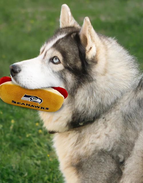 Load image into Gallery viewer, NFL Seattle Seahawks HOT Dog Plush Dog &amp; CAT Squeak Toy with Inner Squeaker &amp; Beautiful Football Team Name/Logo 8 x 5 x 3 Inches
