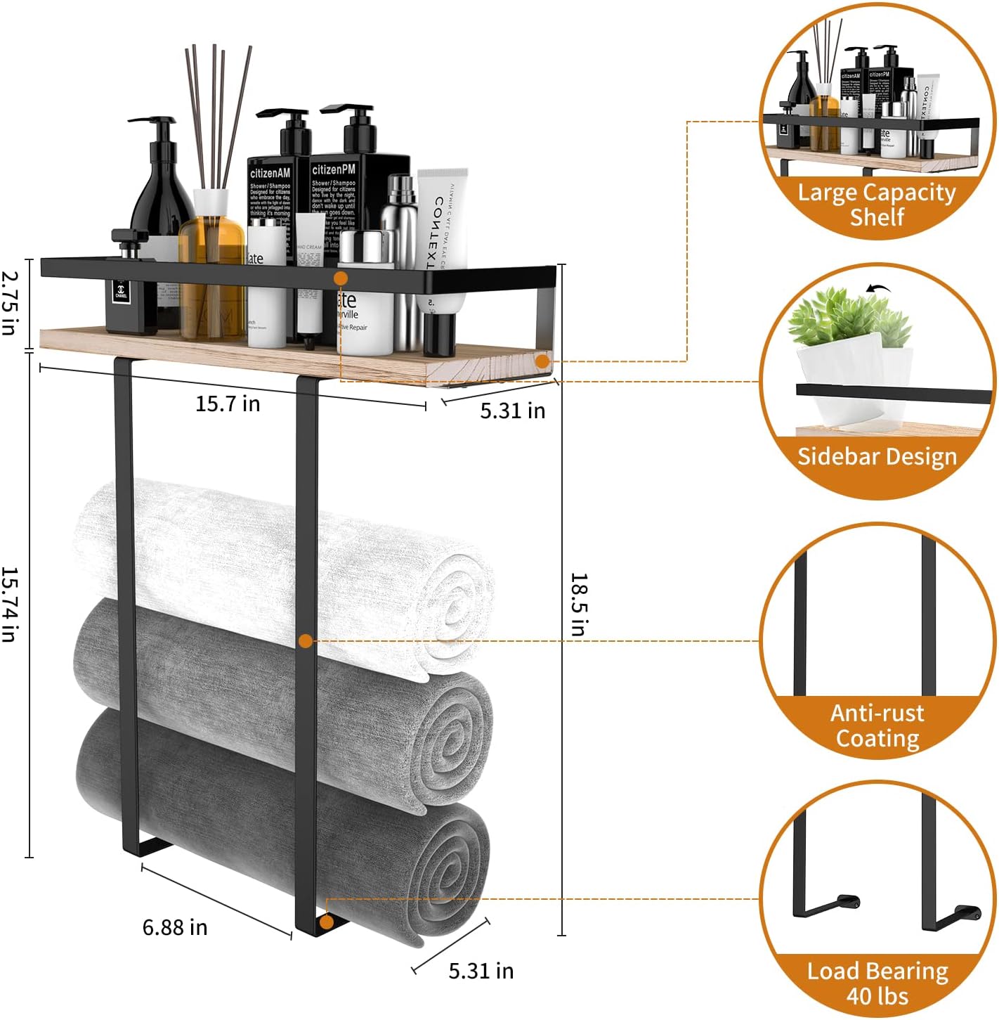 Metal Towel Holder with Wooden Shelf for Folding Large Towels, Towel Storage for Small Bathroom Organizer Decor, Small