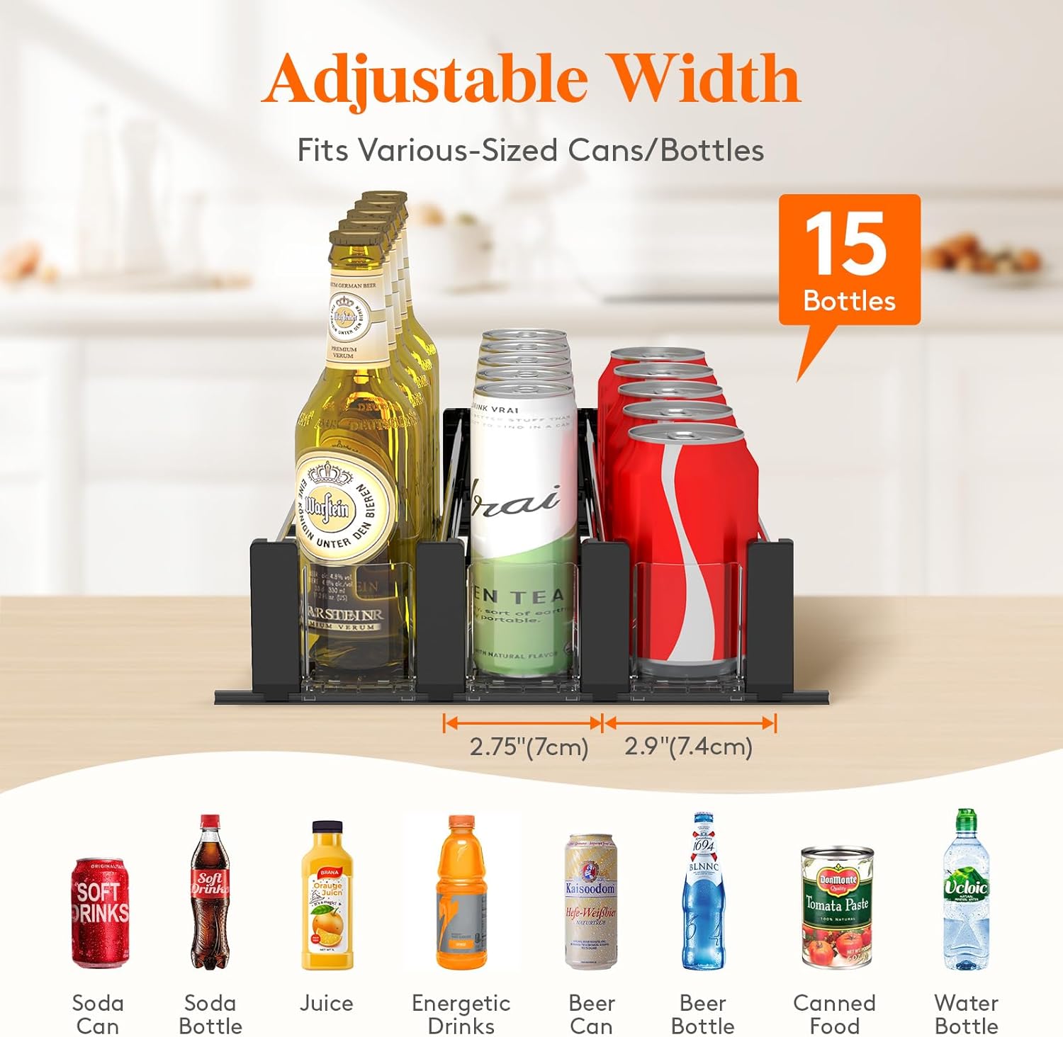 Drink Organizer for Fridge, Soda Can Dispenser for Refrigerator with Self-Pushing Width Adjustable Glide, Holds up to 15 Cans