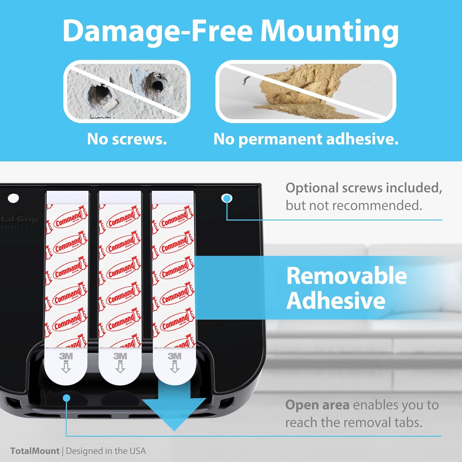 Hole-Free Remote Holder – Eliminates Need to Drill Holes in Your Wall (For 2 or 3 Remote Controls – Black – Quantity 1)