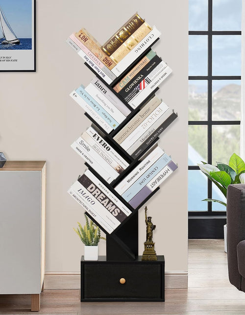 Load image into Gallery viewer, 8 Tier Tree Bookshelf with Drawer, Free Standing Wood Bookcase, Black
