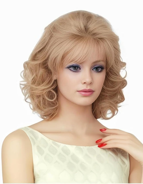 Load image into Gallery viewer, Vintage Short Blonde Beehive Wig with Bangs Curly Wavy Heat Resistant Synthetic Hair Wigs, Blonde
