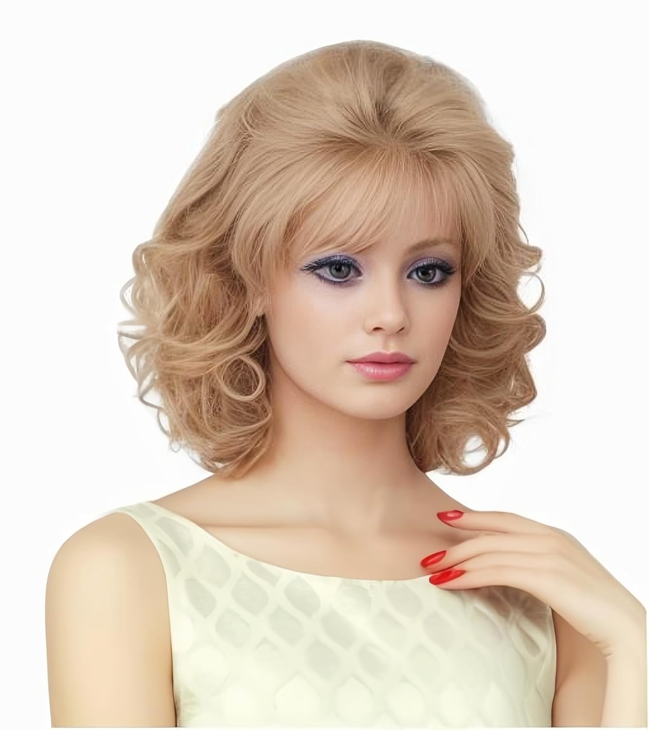Vintage Short Blonde Beehive Wig with Bangs Curly Wavy Heat Resistant Synthetic Hair Wigs, Blonde