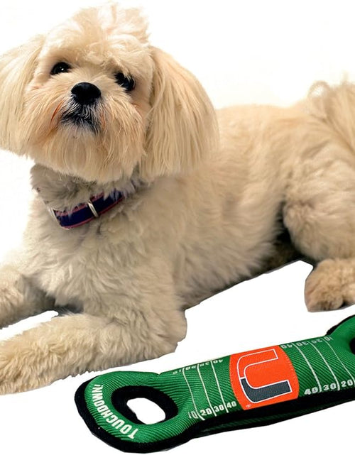 Load image into Gallery viewer, NCAA Football Field Dog Toy with Squeaker. - Miami Hurricanes - for Tug, Toss, and Fetch. - Tough&amp; Durable PET Toy
