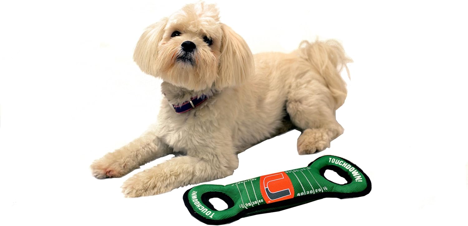 NCAA Football Field Dog Toy with Squeaker. - Miami Hurricanes - for Tug, Toss, and Fetch. - Tough& Durable PET Toy