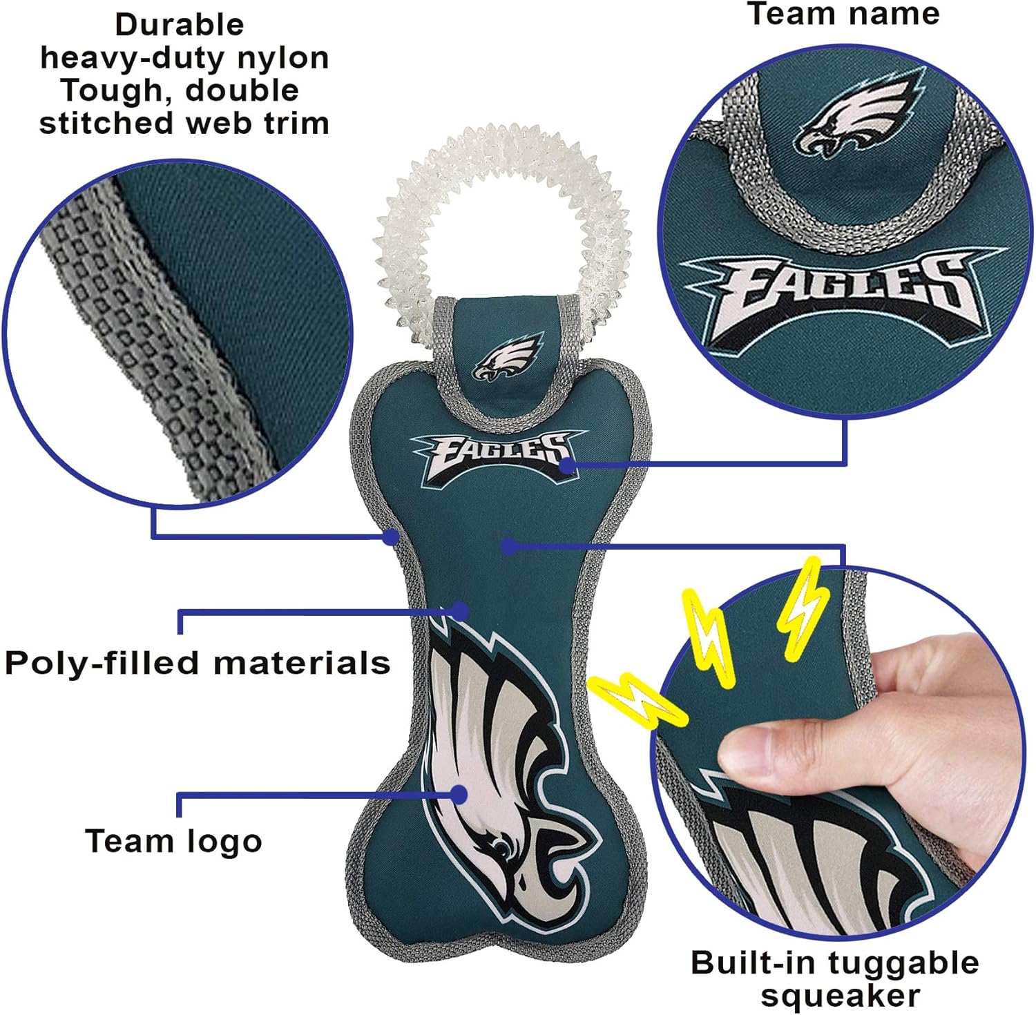 NFL Philadelphia Eagles Dental Dog TUG Toy with Squeaker. Tough PET Toy for Healthy Fun