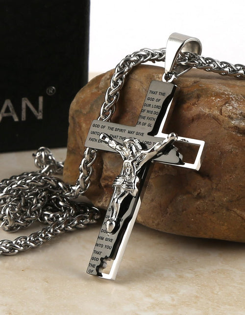 Load image into Gallery viewer, Men&#39;s Stainless Steel Cross Crucifix Bible Prayer Pendant Necklace 22+2&quot; Chain, Black
