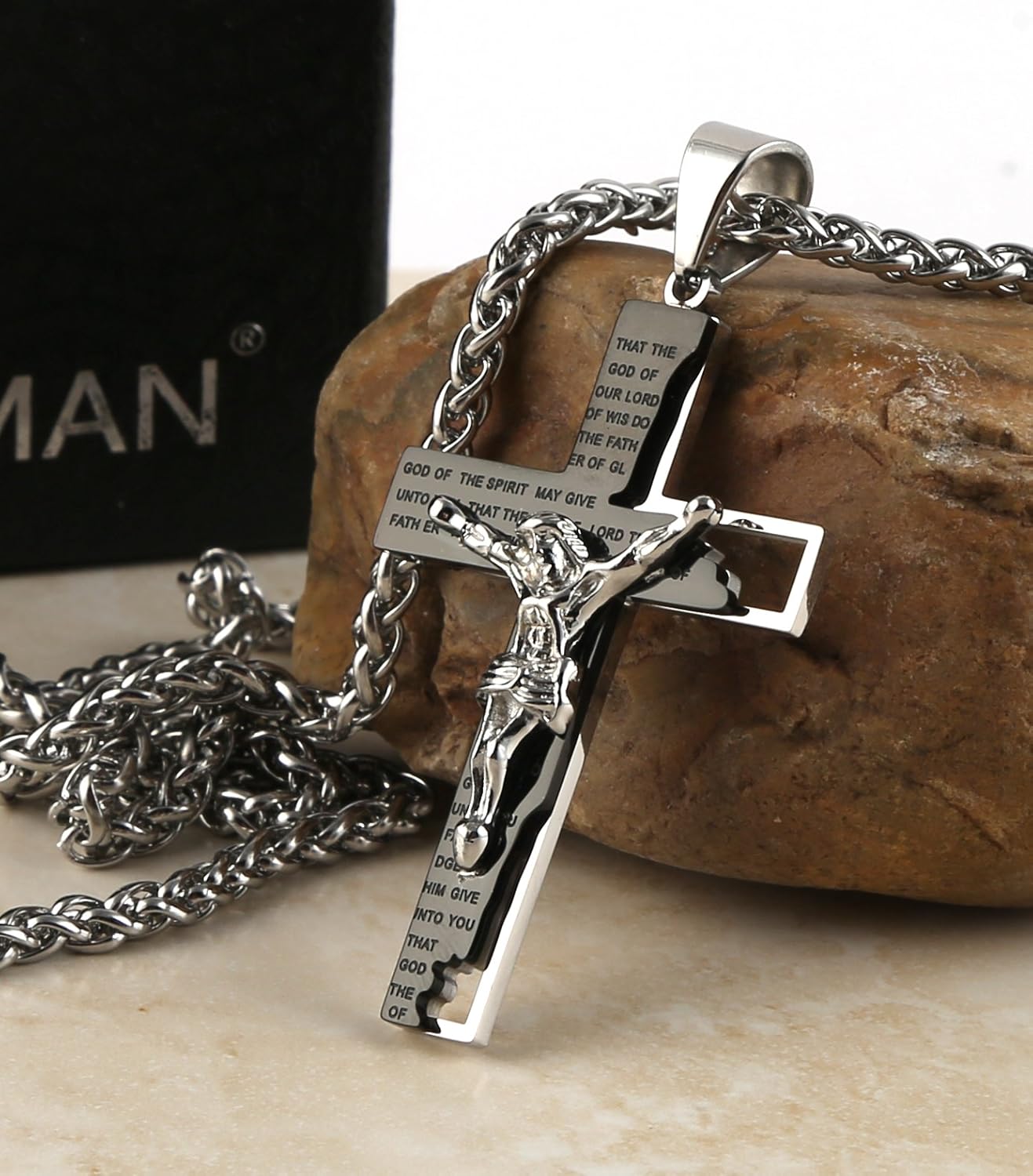 Men's Stainless Steel Cross Crucifix Bible Prayer Pendant Necklace 22+2" Chain, Black
