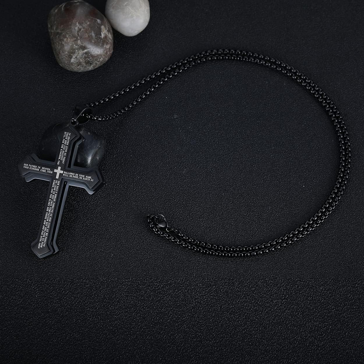 Men's Stainless Steel Nail Lord's Prayer Cross Pendant Necklace for Men Women Big Pendant and Strong Chain 24", Black