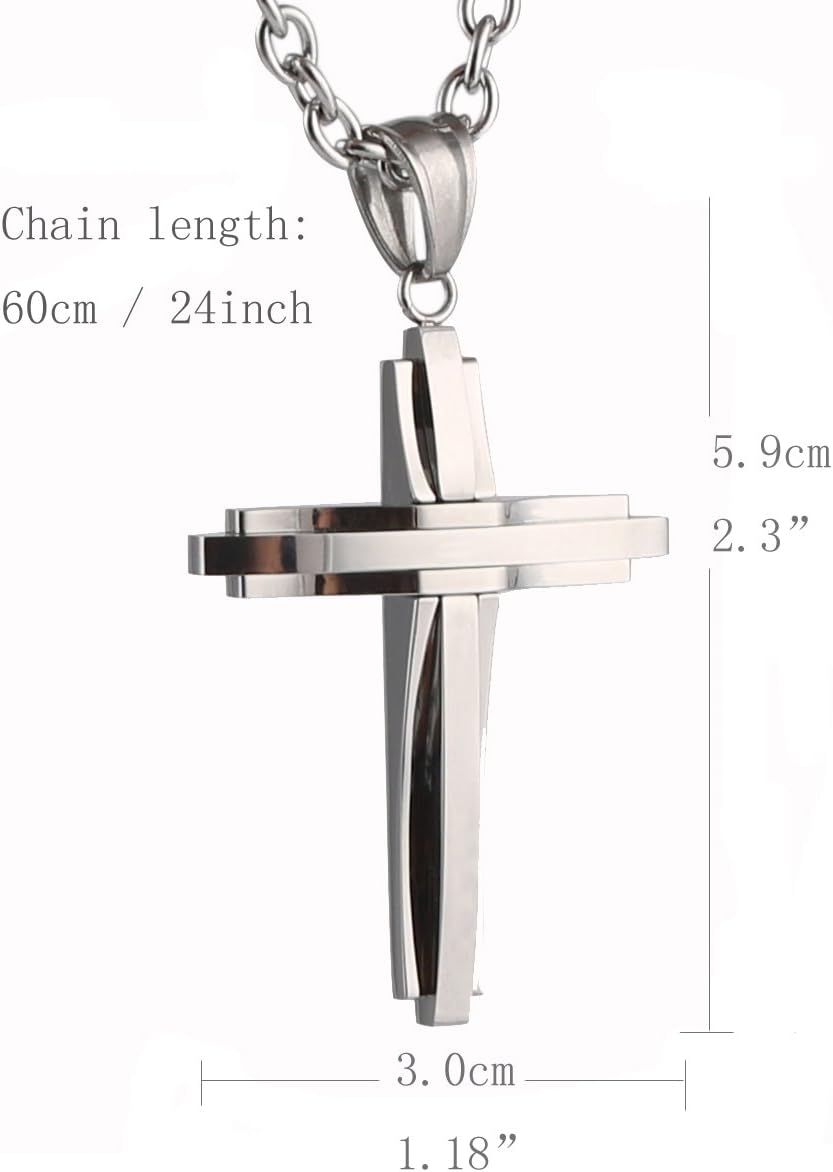 Mens Polished Stainless Steel Silver Cross Pendant Necklace 22+2 Inches Chain