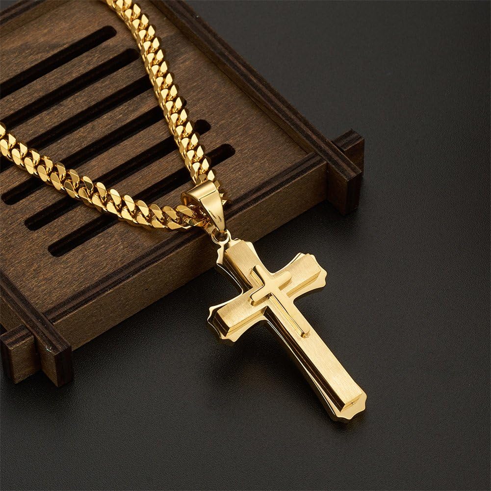 Cross Necklace for Men Boys Pendant Necklace Stainless Steel Double Cross Necklace with 24 inches Cuban Link Chain, Gold
