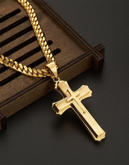 Load image into Gallery viewer, Cross Necklace for Men Boys Pendant Necklace Stainless Steel Double Cross Necklace with 24 inches Cuban Link Chain, Gold
