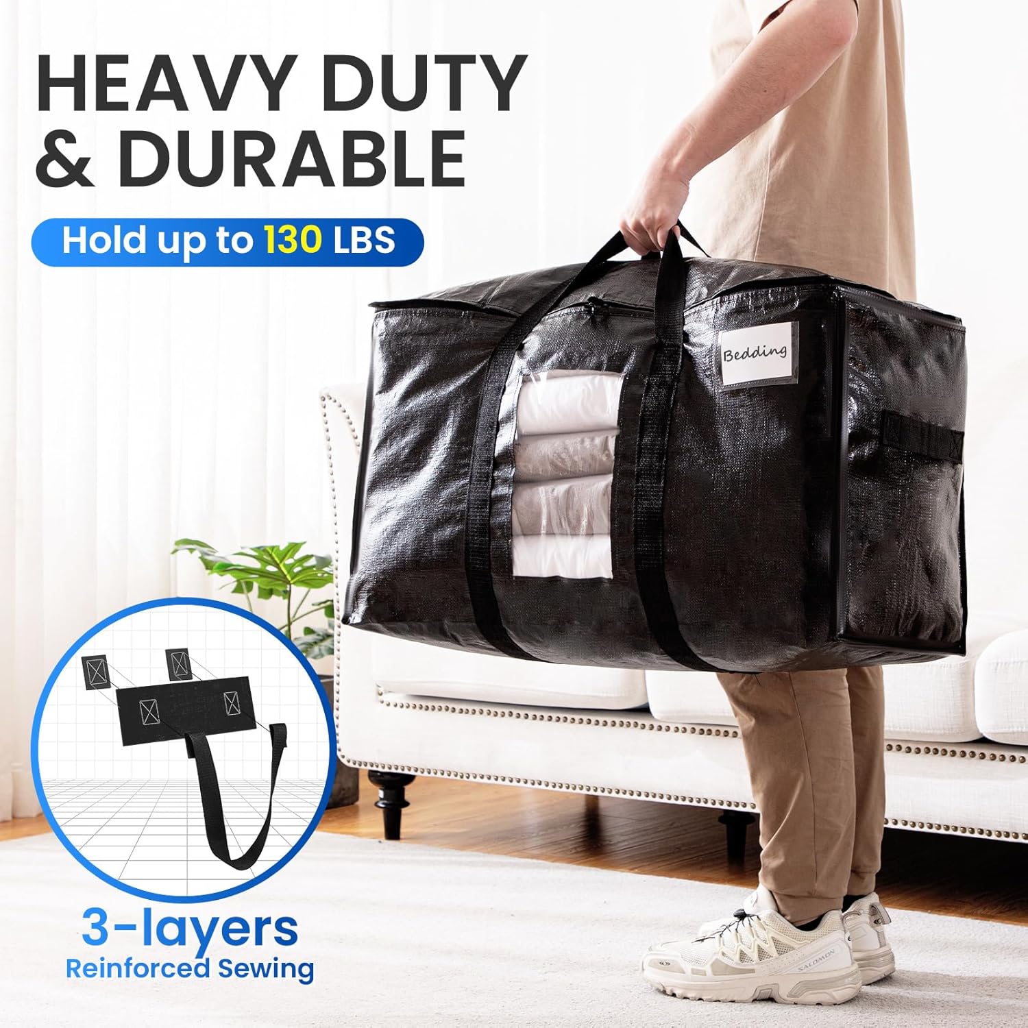 Extra Large Moving Bags, 10 Pack Black Heavy Duty Totes For Storage, Wrap Around Handles, Storage Bags for Space Saving Moving Storage
