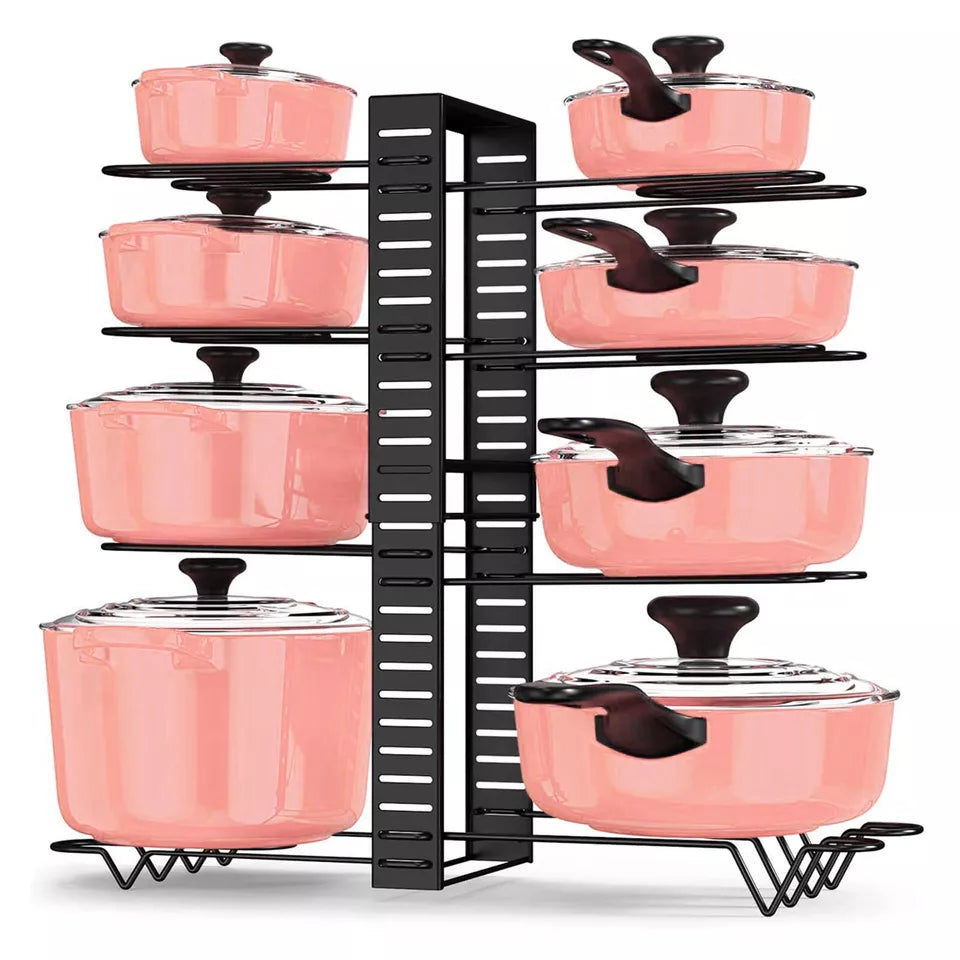 8 Tier Pots and Pans Organizer Rack Adjustable Pots Holder for Kitchen Cabinet