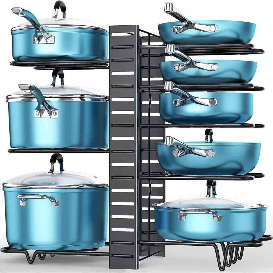 8 Tier Pots and Pans Organizer Rack Adjustable Pots Holder for Kitchen Cabinet