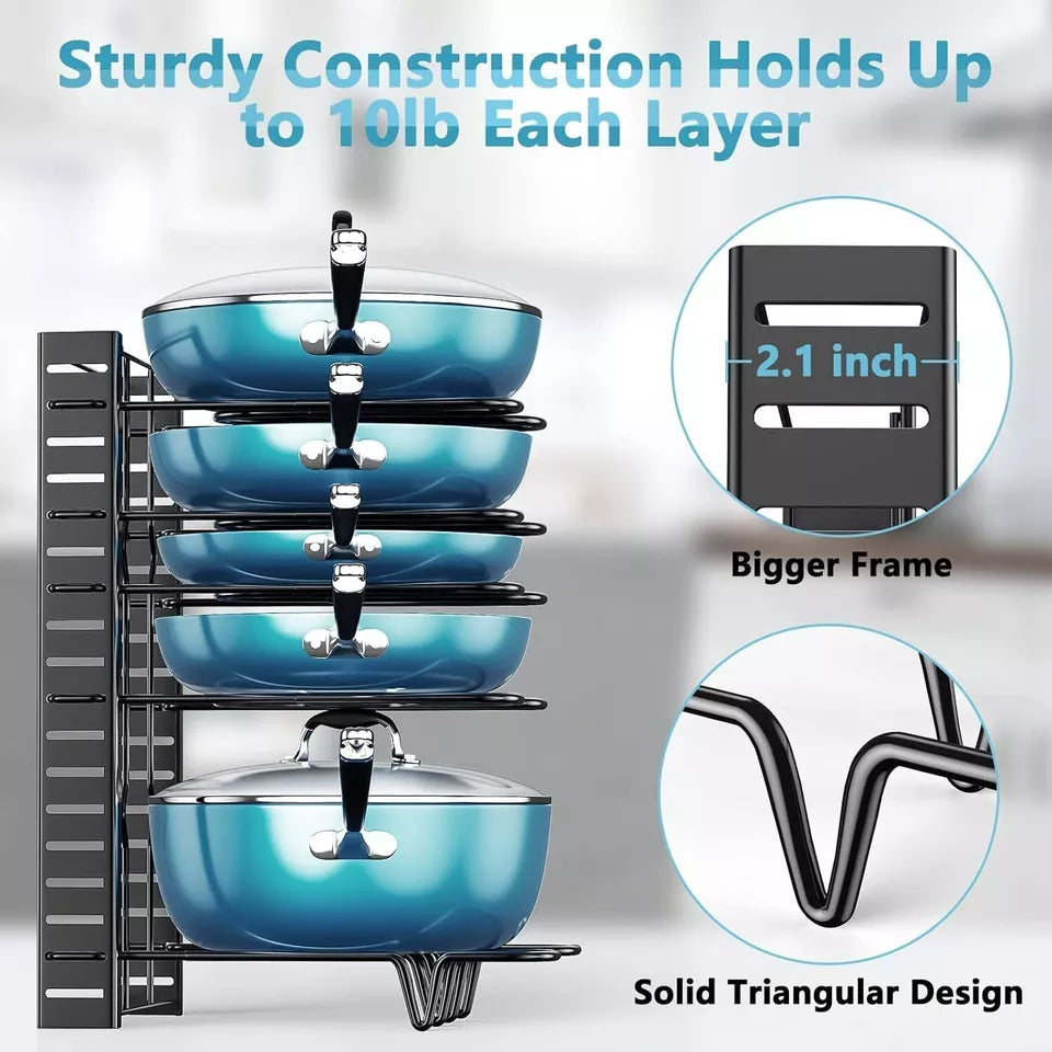 8 Tier Pots and Pans Organizer Rack Adjustable Pots Holder for Kitchen Cabinet