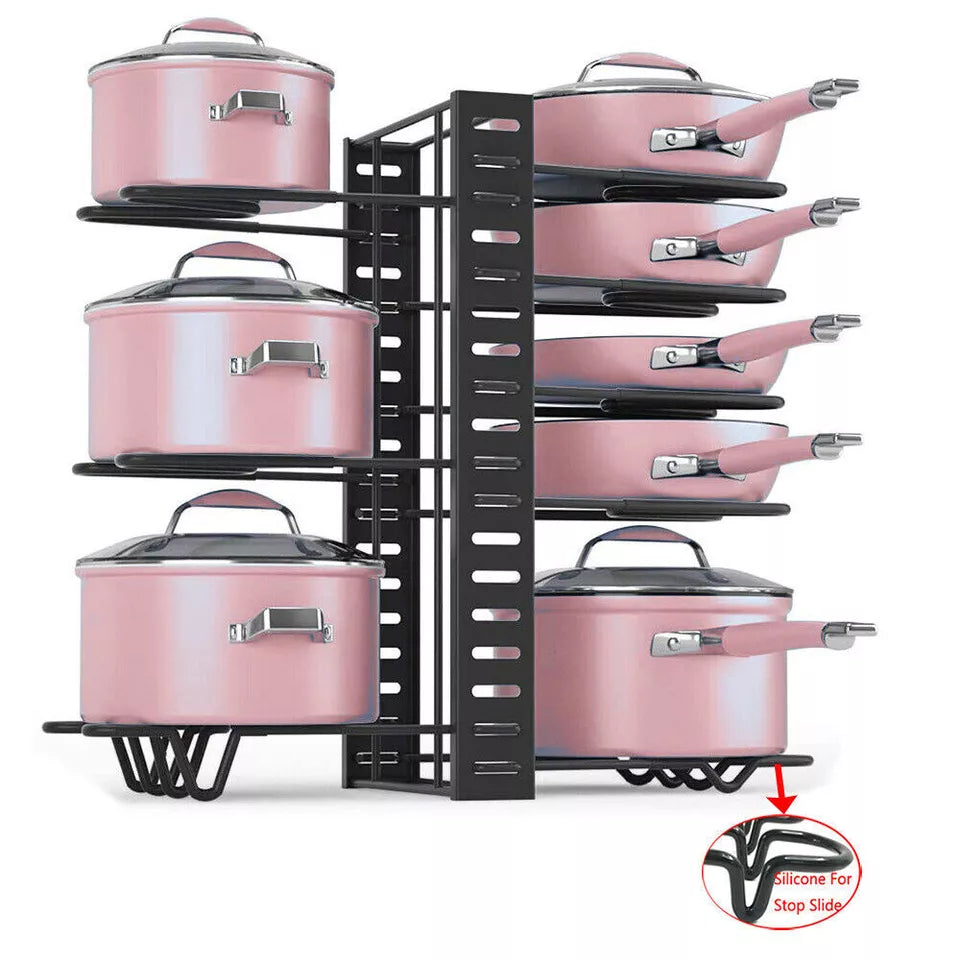 8 Tier Pots and Pans Organizer Rack Adjustable Pots Holder for Kitchen Cabinet