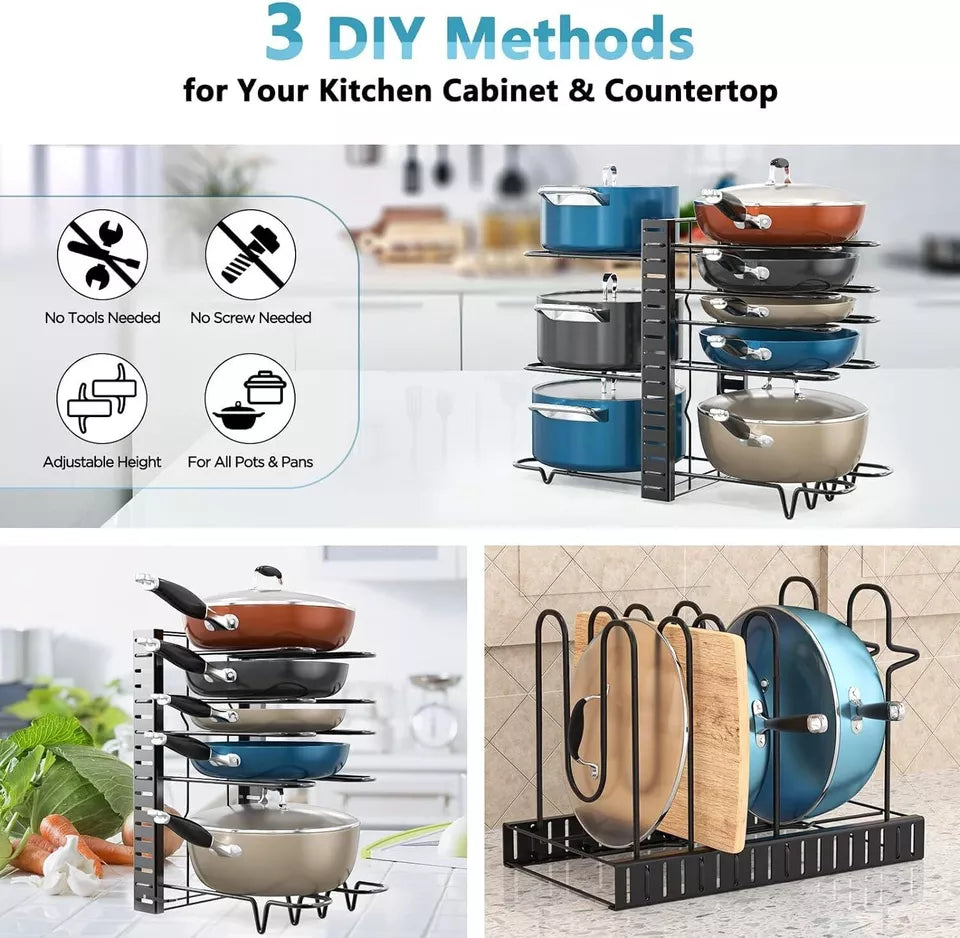8 Tier Pots and Pans Organizer Rack Adjustable Pots Holder for Kitchen Cabinet