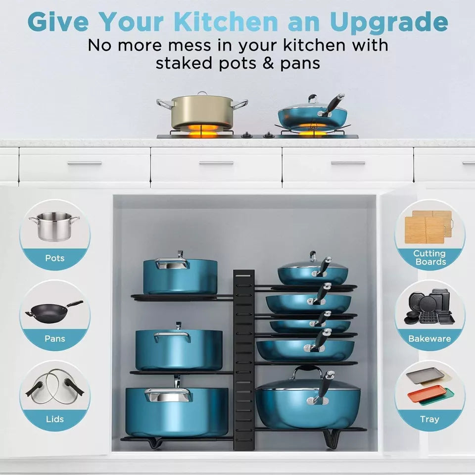 8 Tier Pots and Pans Organizer Rack Adjustable Pots Holder for Kitchen Cabinet