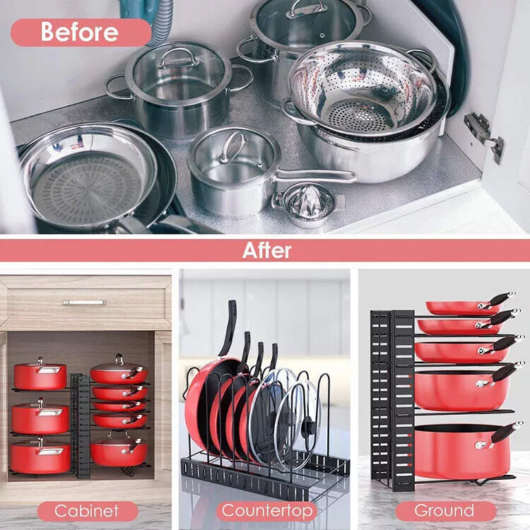 8 Tier Pots and Pans Organizer Rack Adjustable Pots Holder for Kitchen Cabinet