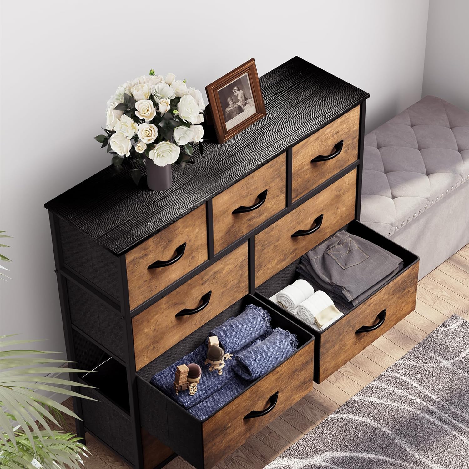 Dresser for Bedroom with 9 Drawers - Fabric Storage Tower with Sturdy Steel Frame, Wooden Top, Brown