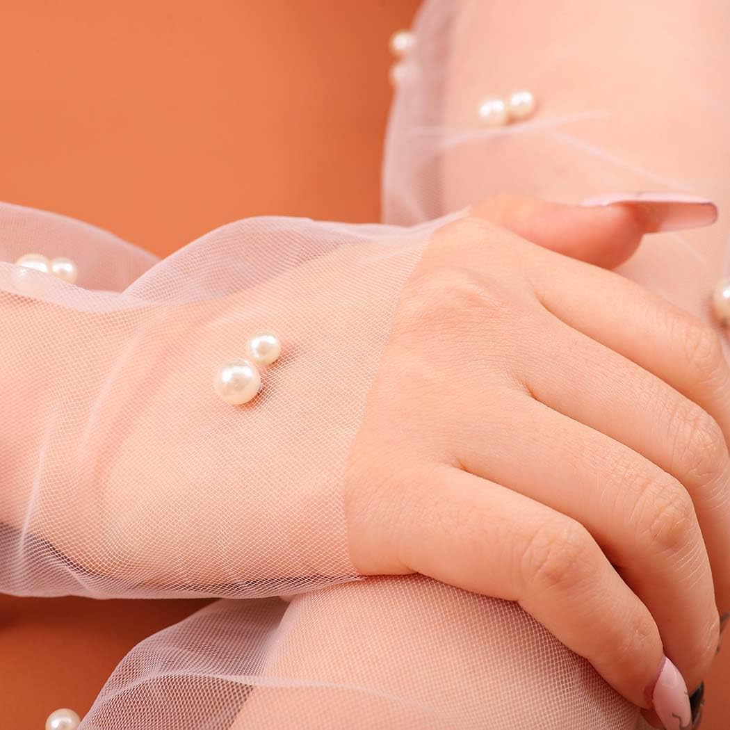 Long Wedding Tulle Gloves White Pearl Bridal Gloves Elbow Length Summer Fingerless Gloves for Women and Girls, White