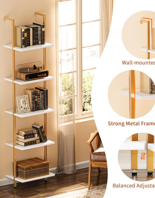 Load image into Gallery viewer, 5-Tier Bookshelf, Narrow Book Shelf, Open Wall-Mounted Ladder Shelf with Metal Frame
