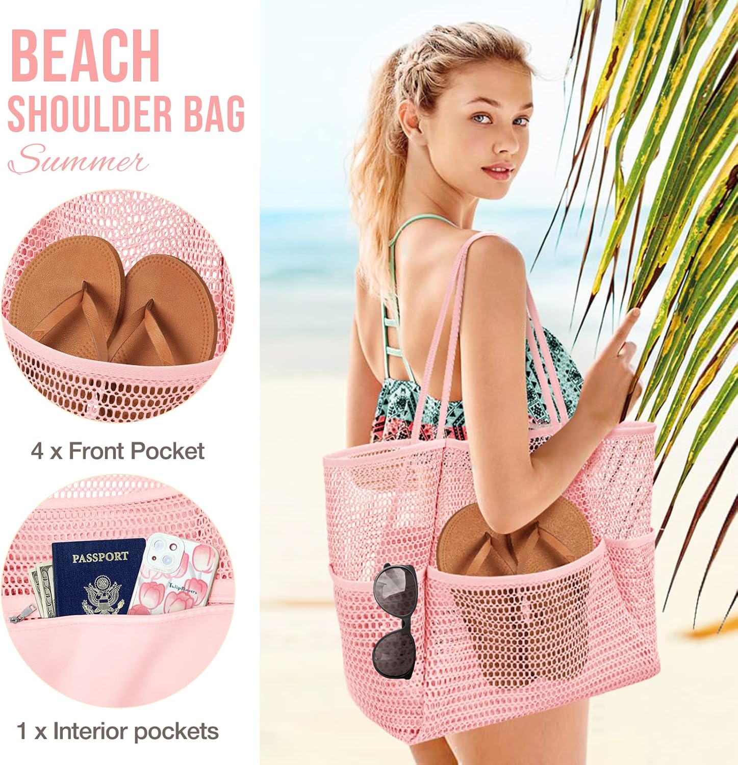 Beach Bag with Mini Pocket, Beach Tote Bags for Women Large Foldable Mesh Swimming Pool Travel Bags - Sandproof, Pink