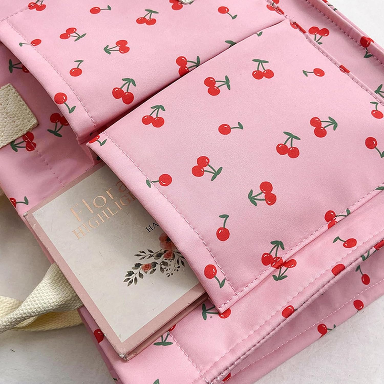 Cherry Tote Bag for Women Canvas Patched Purse Cute Shoulder Bag Multi-Pocket Satchel Handbag