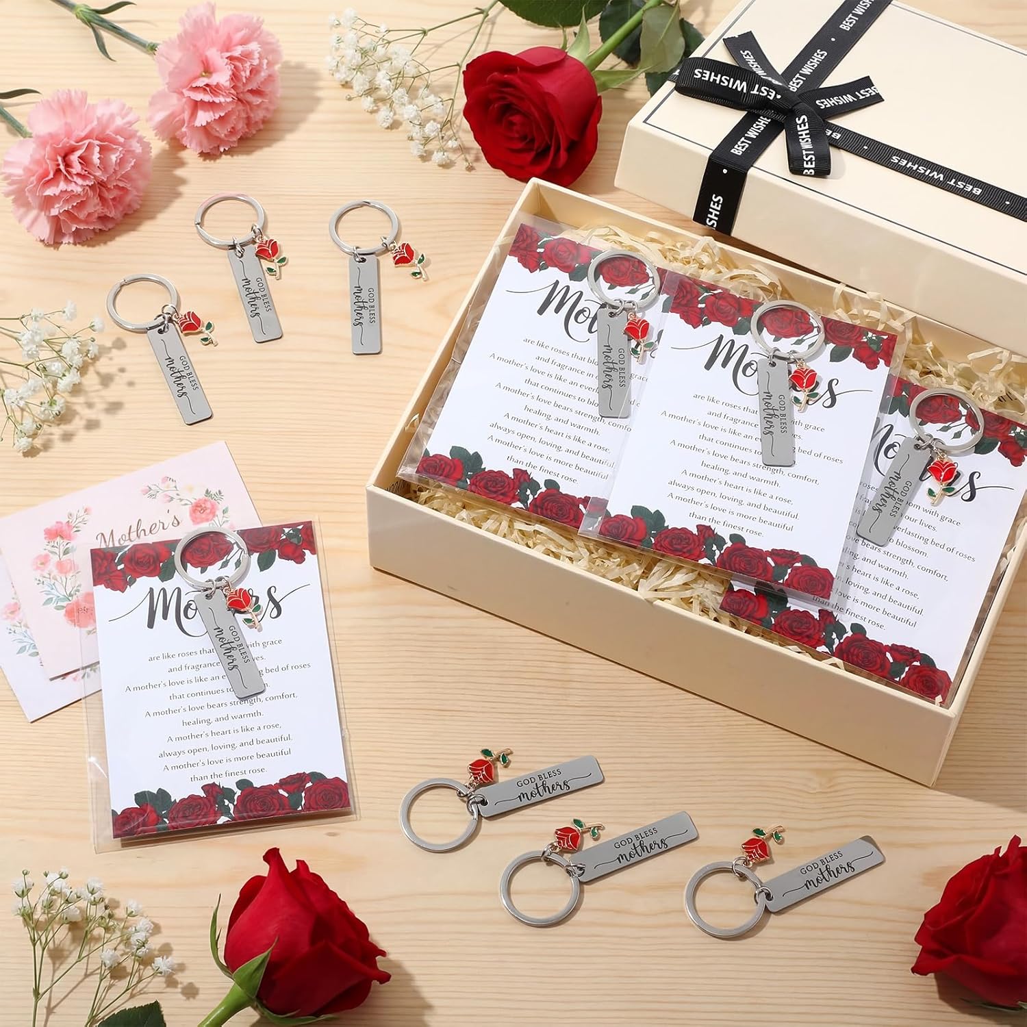 Mother’s Day Christian Gift Set – Church Bulk Keychains with Prayer Cards ( FREE Knitted Inspirational Positive Tulip )