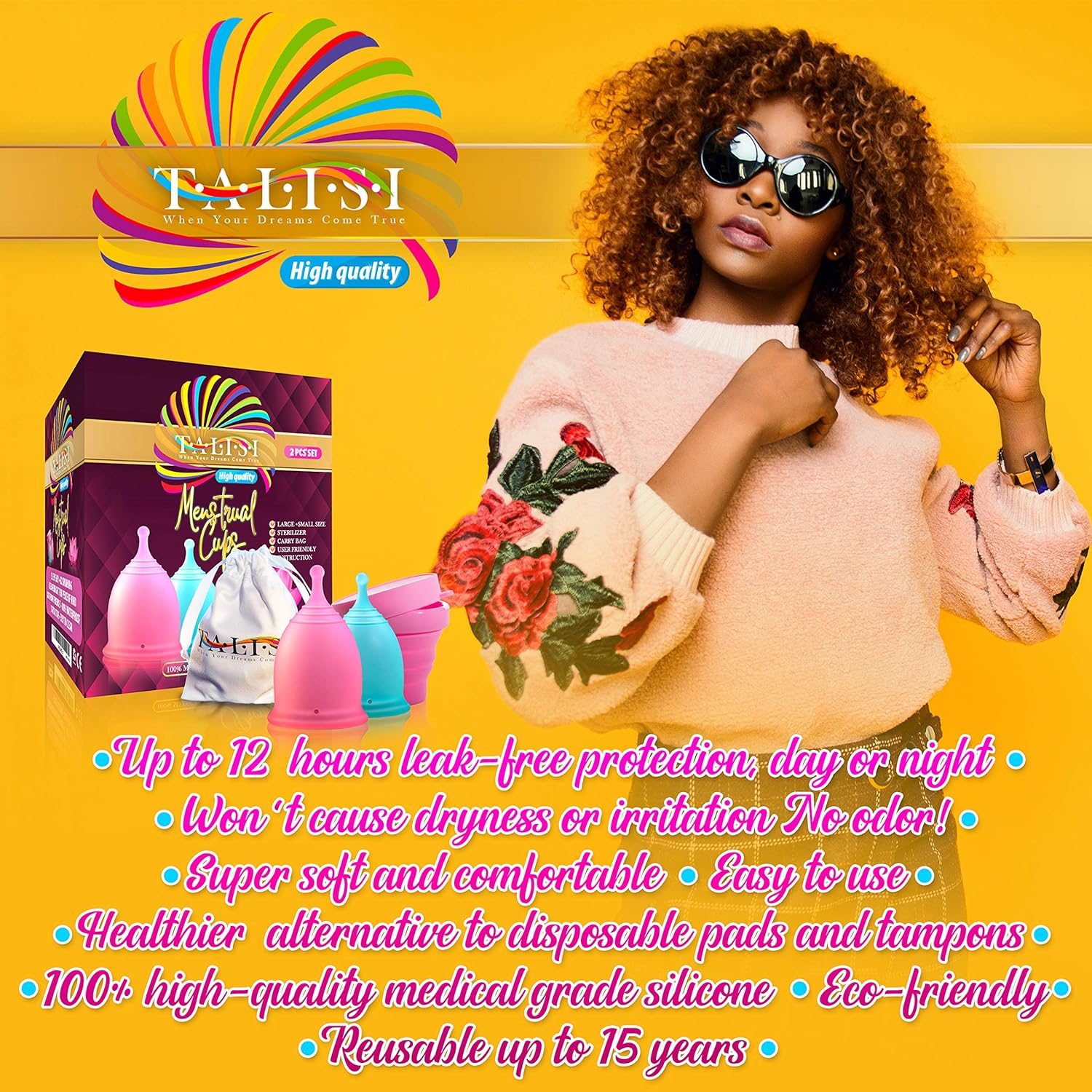 Menstrual Cups Set of 2 with Collapsible Silicone Foldable Sterilizing Cup, Large and Small, Round Steam