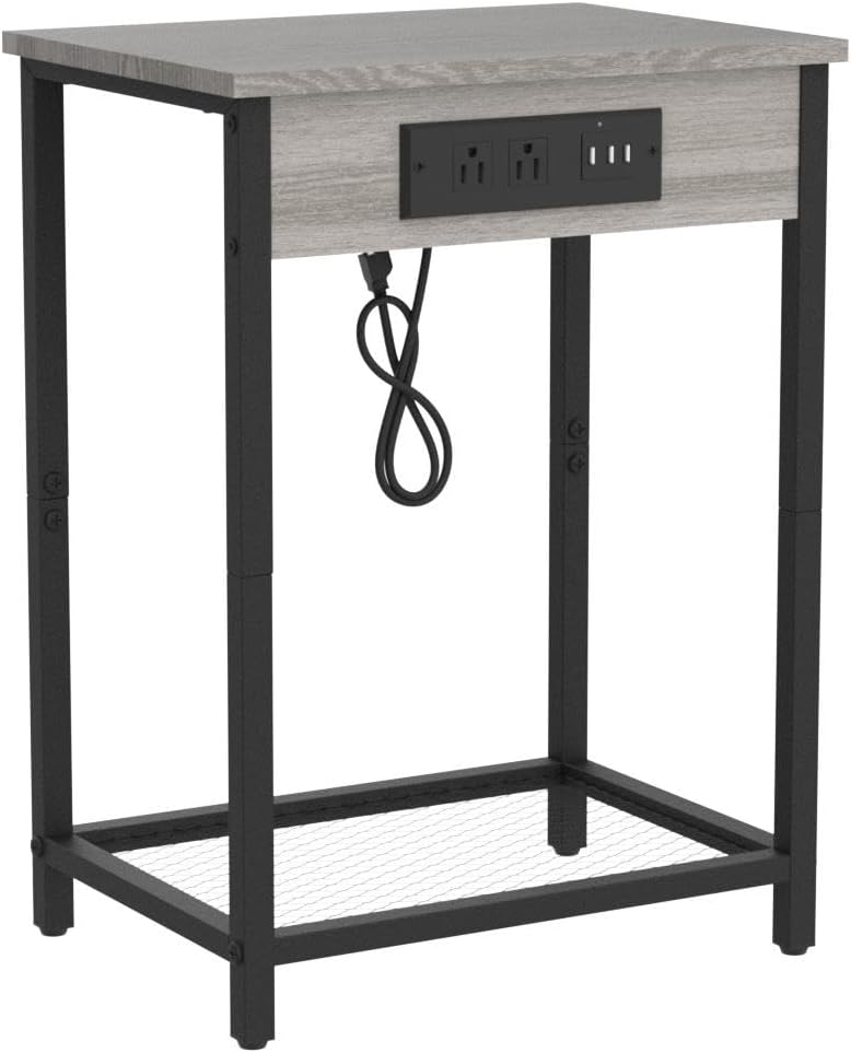 Grey Nightstand with Charging Station Small Bedside Nigh Stand Table with USB Ports, Grey
