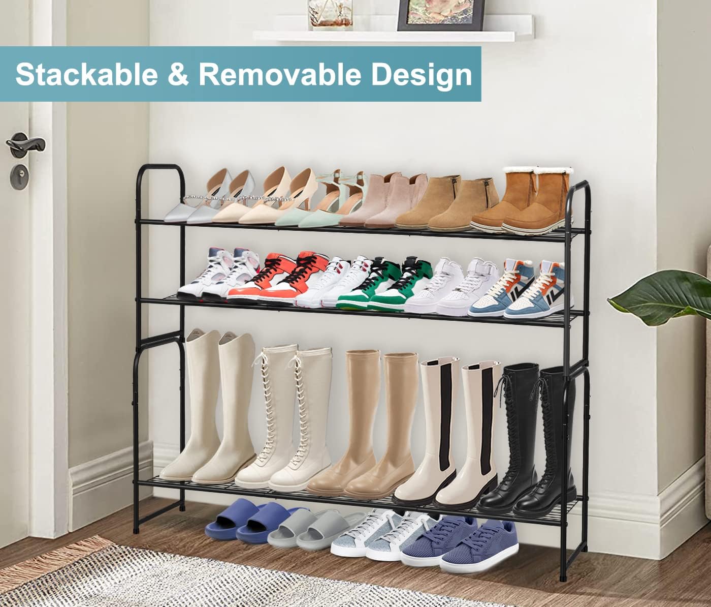 2 Tier Shoe Rack for Closet Metal Wide Stackable Shoe Storage Organizer for Entryway, Black