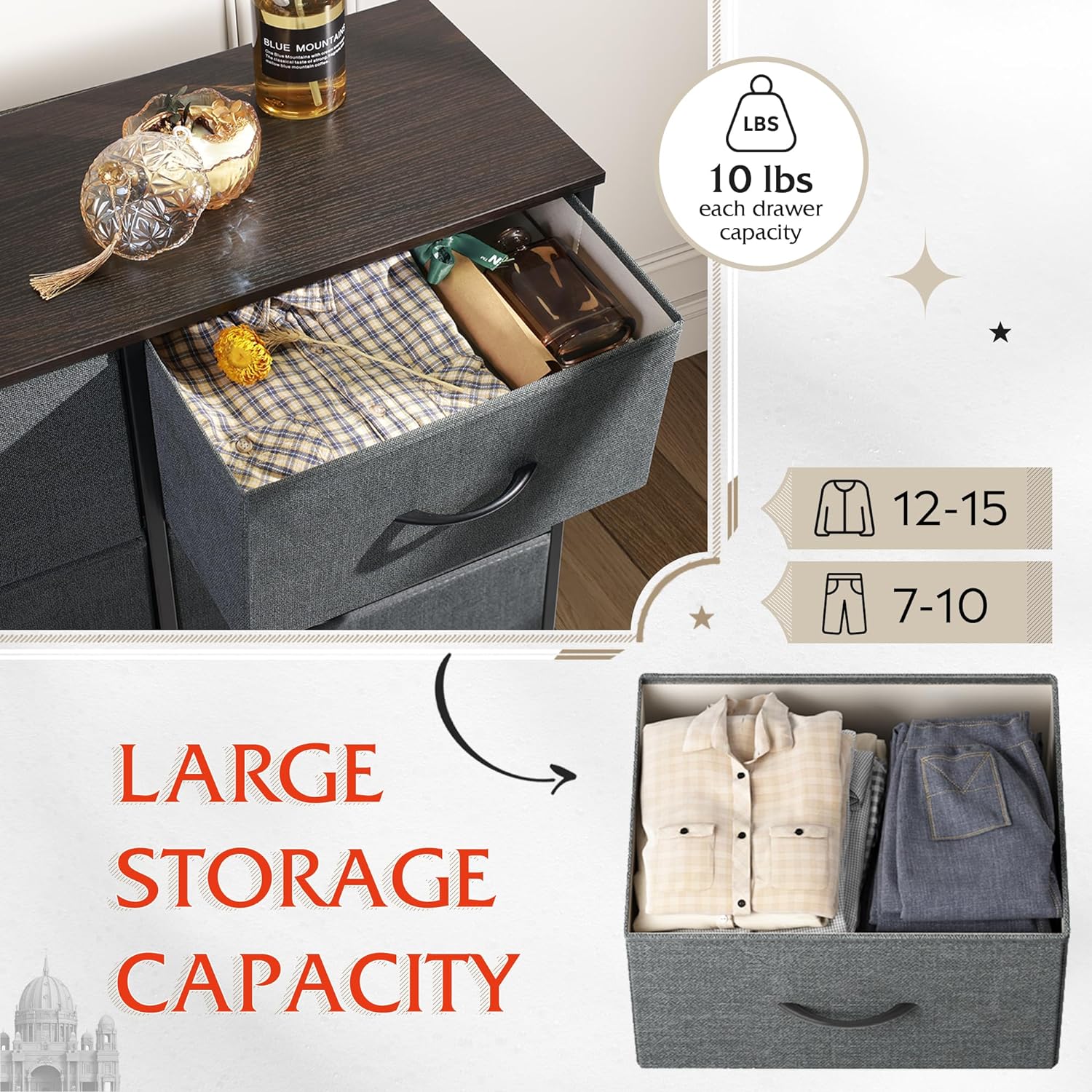 6 Drawer Double Dresser, Storage Tower with Fabric Bins, Dark Grey