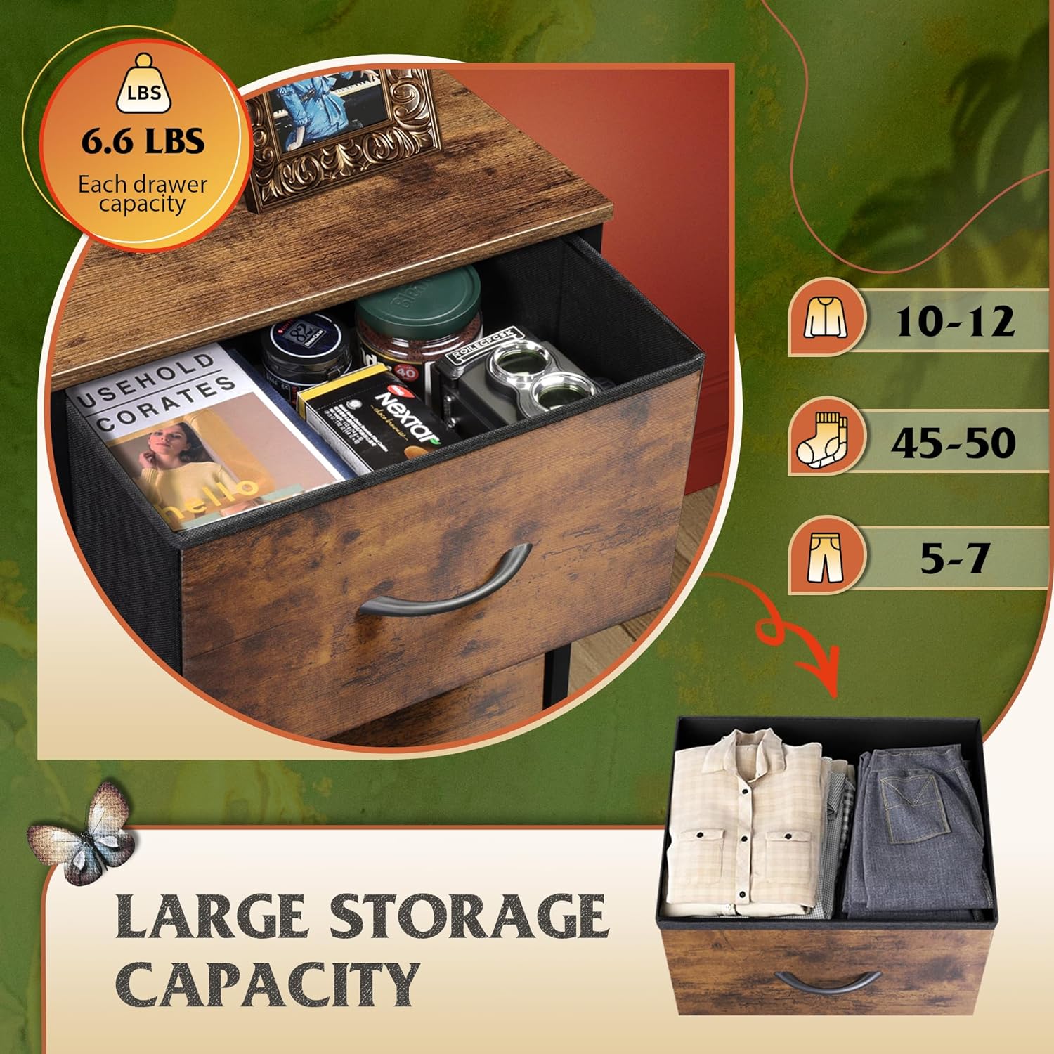 5-Drawer Tall Dresser for Bedroom, Storage Dresser Organizer with Fabric Bins, Rustic Brown