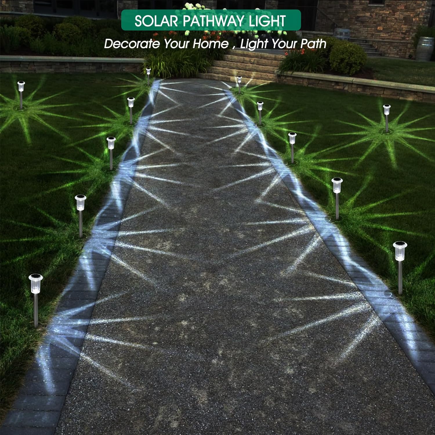 10 Pack Waterproof Stainless Steel Solar Stake Lights for Pathway Garden Driveway Lawn Decor - Cool White