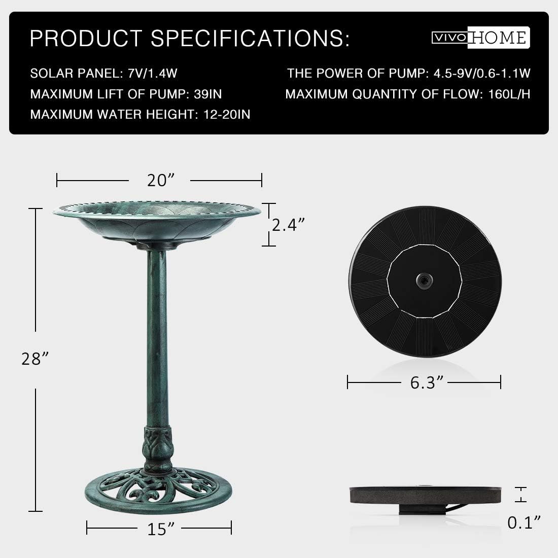 Polyresin Antique Outdoor Green Garden Bird Bath and Solar Powered Round Pond Fountain Combo Set,Green