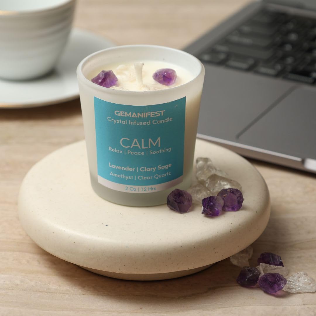 Calm Crystal Candle for Manifestation, Aromatherapy and Relaxation I Non Toxic, Vegan, Lead Free | Calm Candles for Women