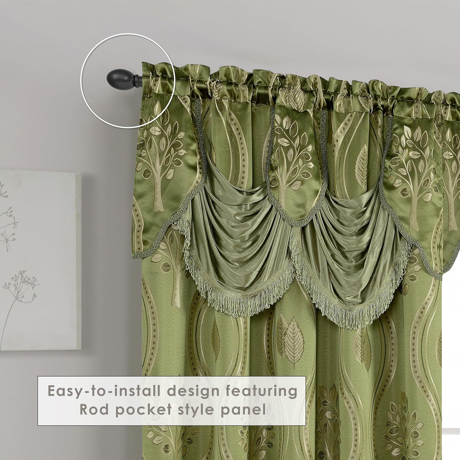 Jacquard Look Curtain Panel Set with Attached Valance 54" X 84 inch (Set of 2), Sage