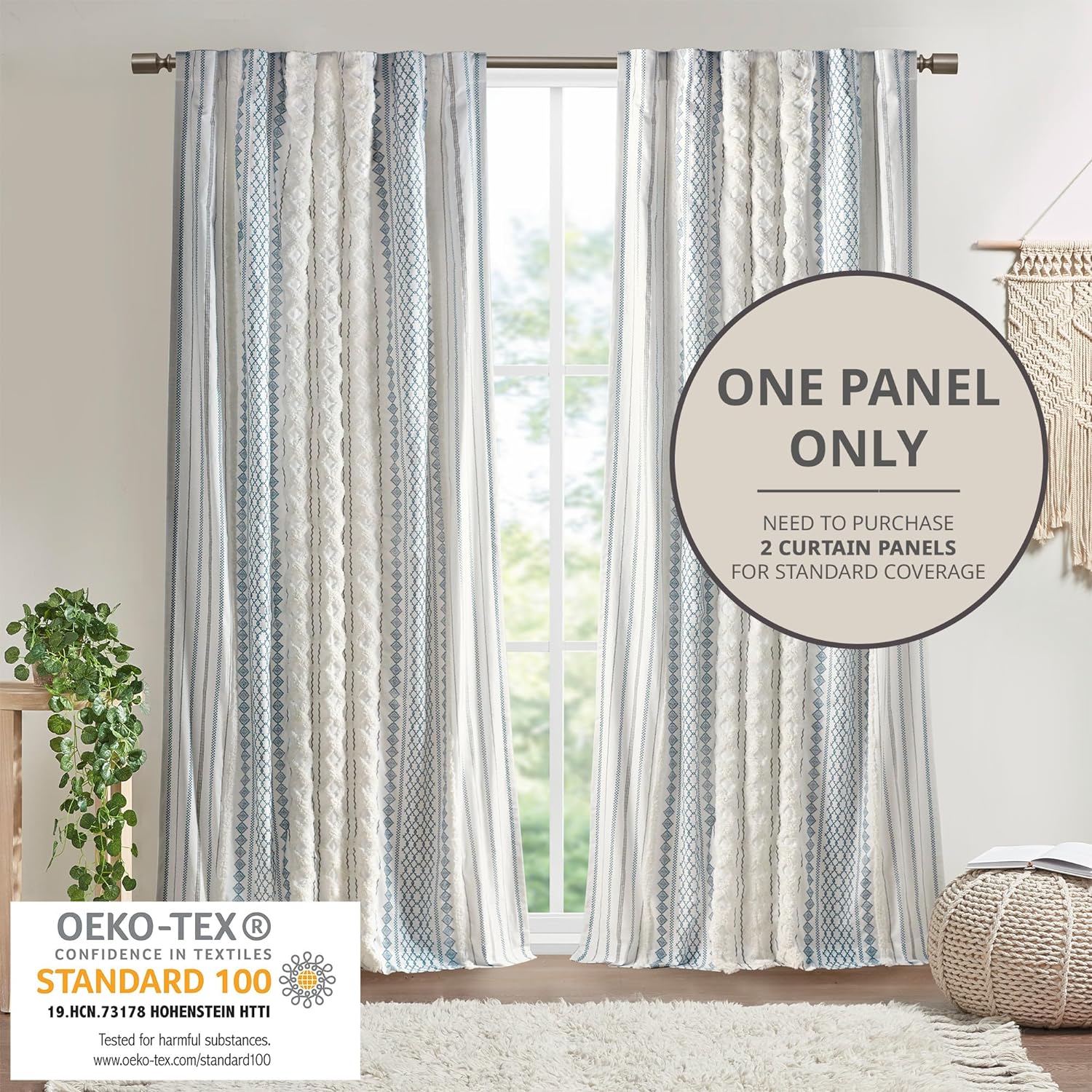 Boho Curtains for Bedroom SINGLE PANEL Window Curtains, 50x84 White/Navy