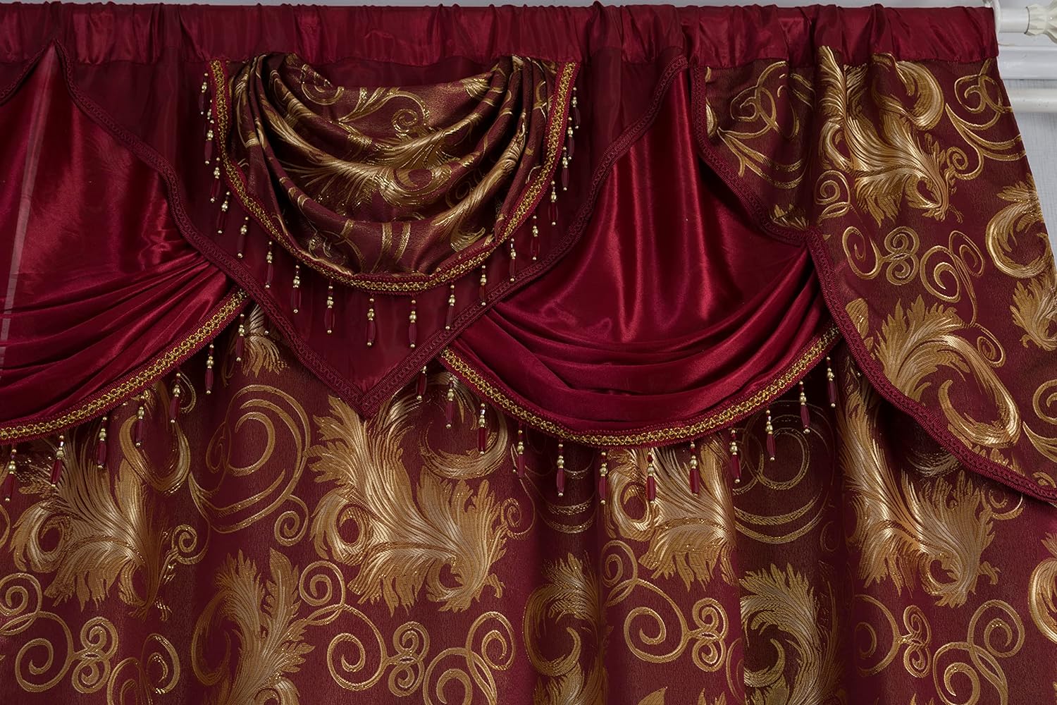 Jacquard Luxury Window 1 Panel Set Burgundy Curtain with Attached Valance and Backing , 110x84 inches Each