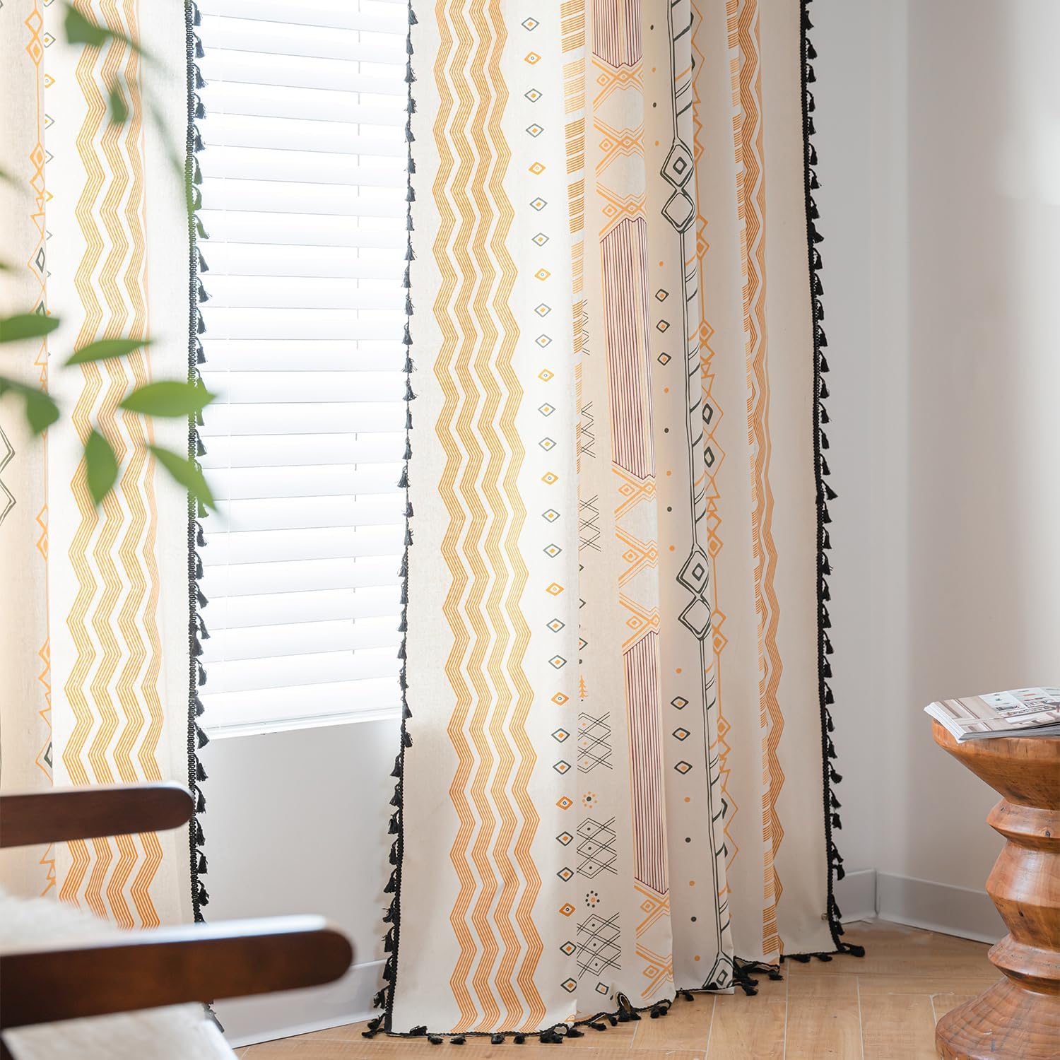 2 Panels 84 inch Semi Blackout Living Room Darkening Curtains, Geometric Tribal Cotton Linen