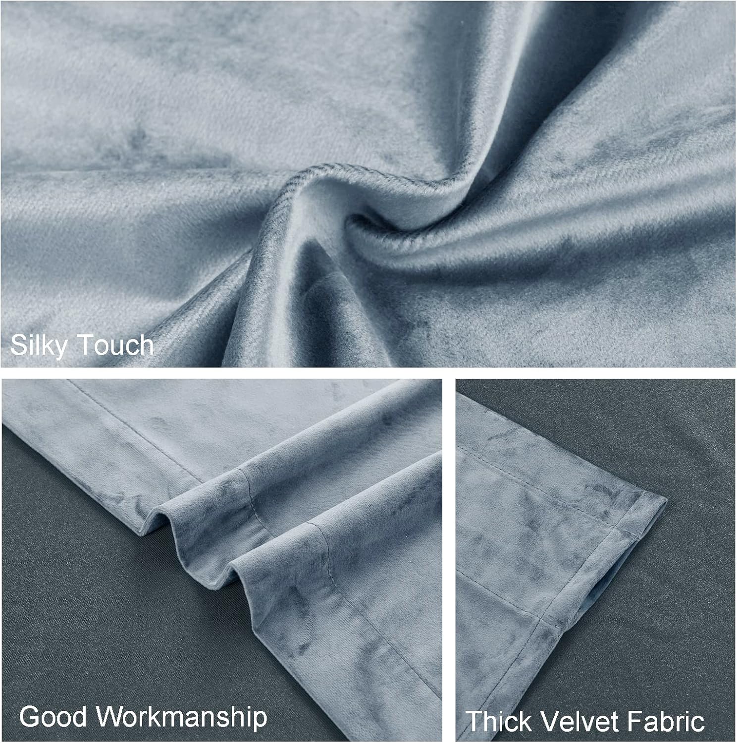 Velvet Blackout Curtains for Living Room, Darkening Rod Pocket Drapes for Office, Set of 2 Panels, 52W x 84L, Stone Blue