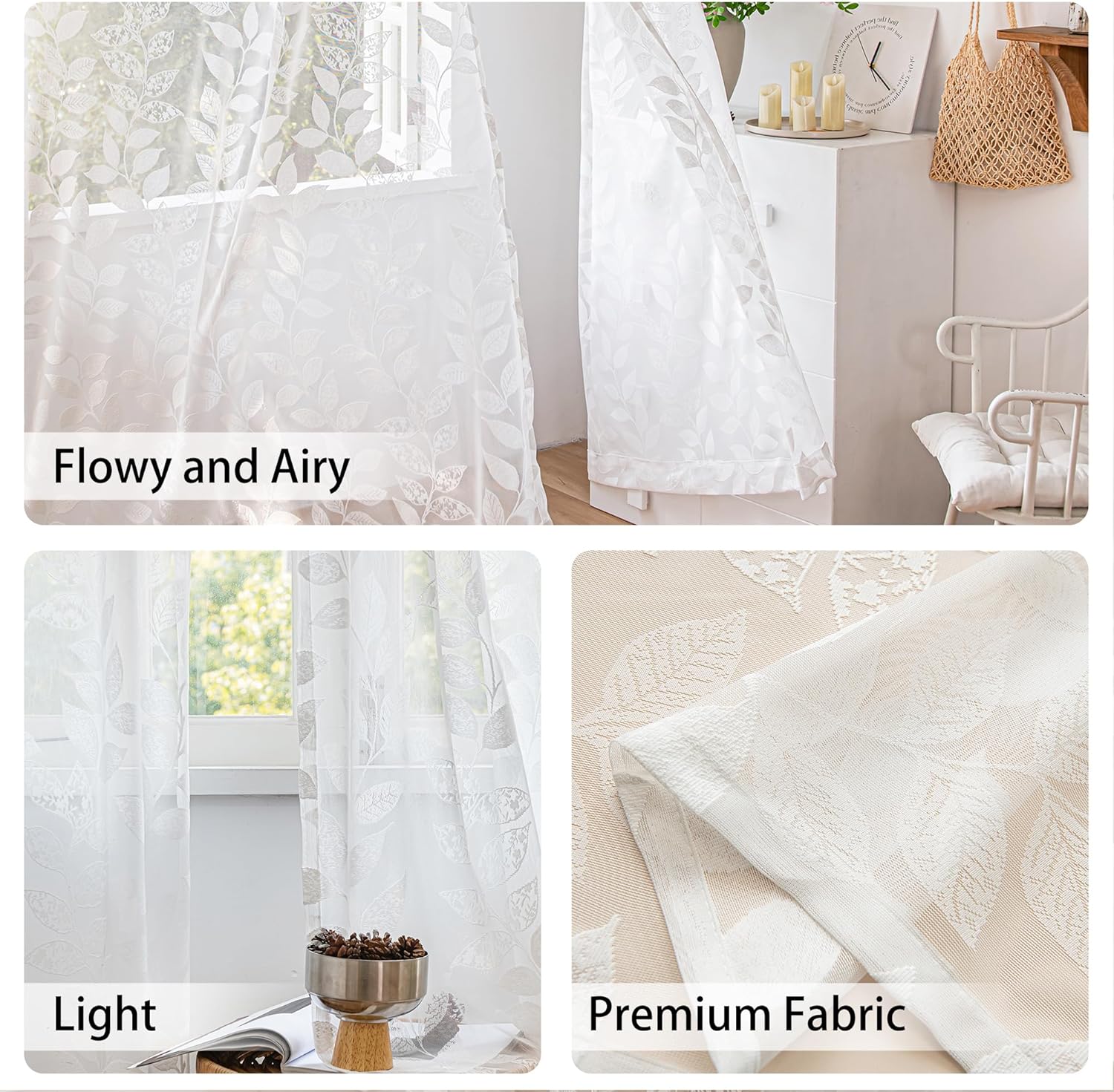 White Lace Sheer Curtains 63inch Vintage Leaf Knitted Window Curtain Drapes, 54" W,  2 Panels