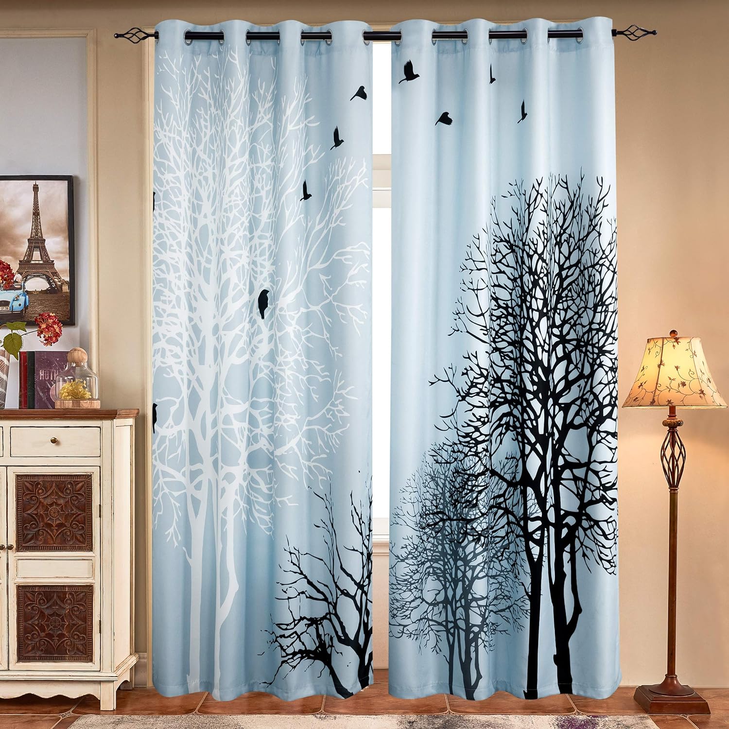 Printed Curtains Room Darkening for Bedroom Living Room, Colorful Window Drapes 2 Panel Set (52'' x 63'', Light Blue)