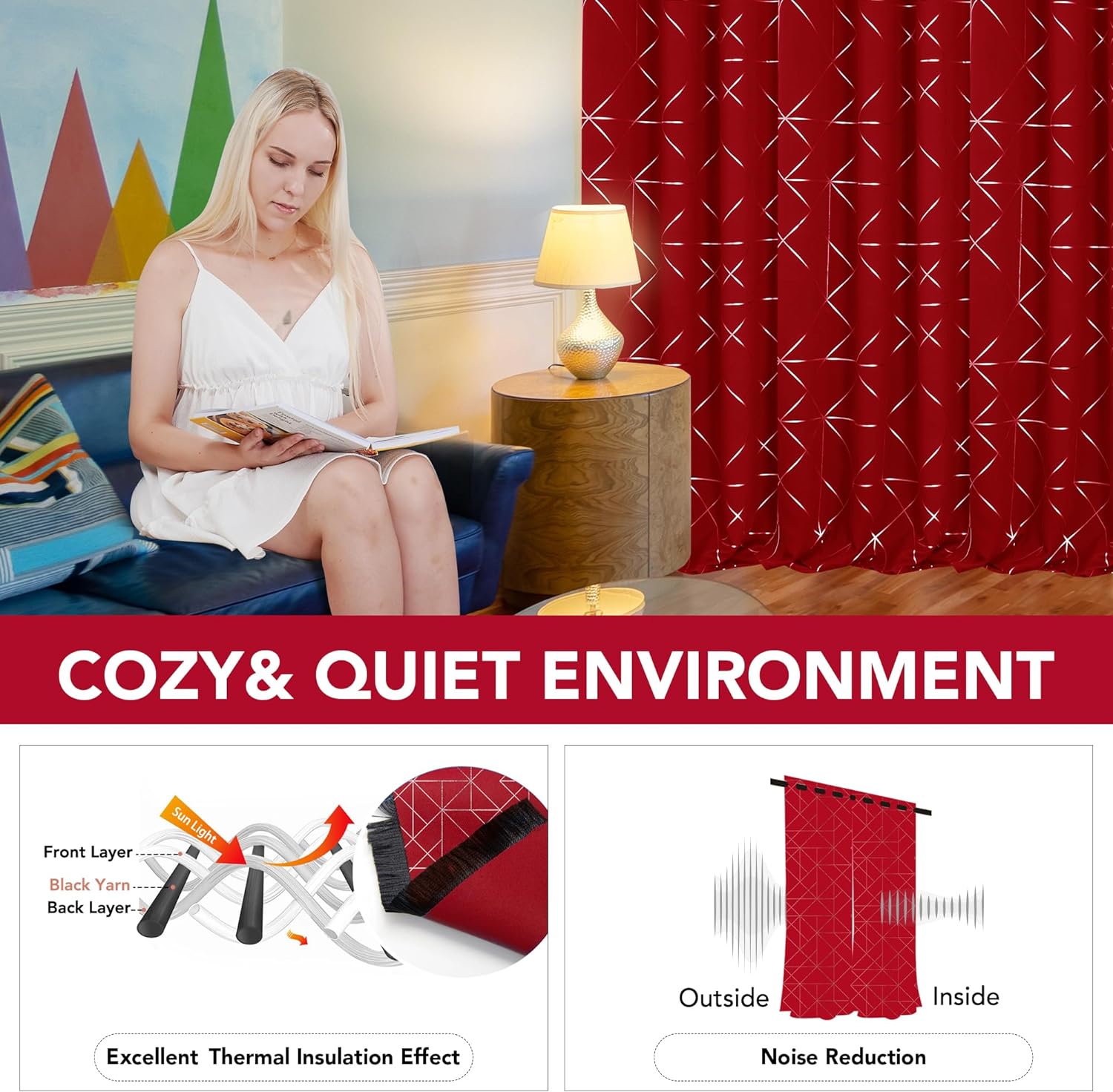Curtains for Home Decoration, Blackout Curtains 84 Inches, Set of 2, Silver Geometric Patterned  52W x 84L, True Red